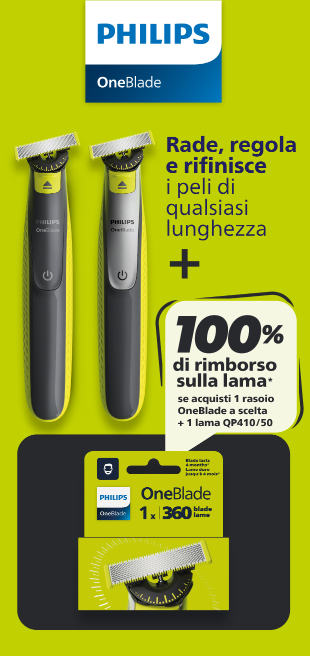 Immagine smartphone:  Philips, OneBlade, rade, regola e rifinisce i peli di qualsiasi lunghezza, ti rimborsa la lama con l'acquisto di 1 rasoio OneBlade a scelta + una lama.